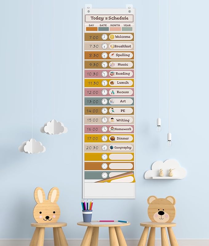 18+1 Pockets Daily Schedule Pocket Chart, Classroom Visual Schedule for Kids with 24 Double Sided Reusable Cards, Classroom Pocket Chart for Office Home Preschool Daily Use, Boho White