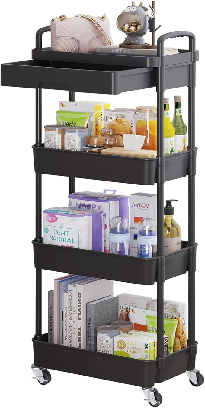 Calmootey 4-Tier Rolling Utility Cart with Drawer,Multifunctional Storage Organizer with Plastic Shelf & Metal Wheel,Storage Cart for Kitchen,Bathroom,Living Room,Office,Black