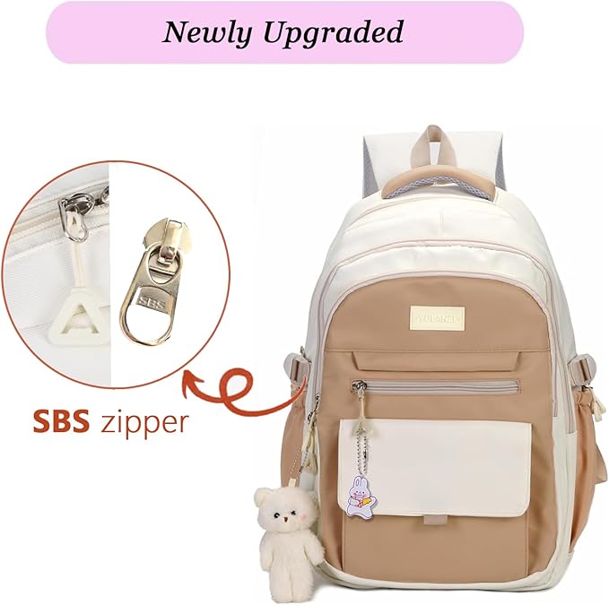PRLINJSK Girls Backpack for College High Middle School Student, Cute Aesthetic Bookbag for Teens Women with Accessories,Khaki Beige
