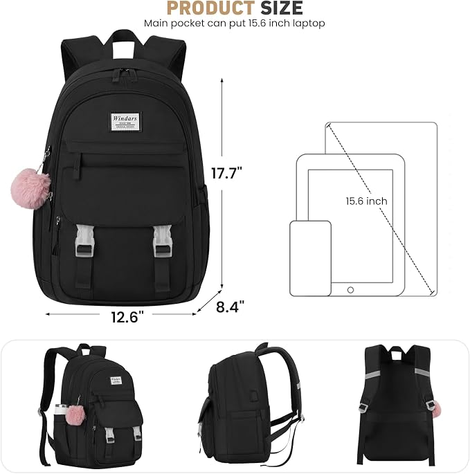 WINDARS School Backpack for Teen Girls, Cute College Backpacks for Women Students Aesthetic Bookbag Large 15.6 Inch Laptop Bag Middle School Travel Back Pack (Black)