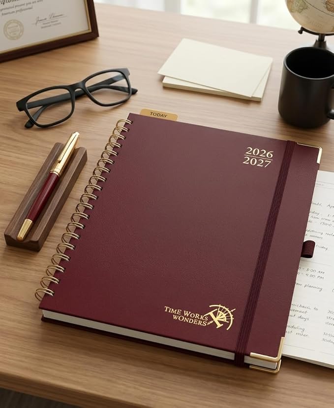 POPRUN 2026-2027 Monthly Planner, 18 Month Calendar (July 2026-Dec 2027), 7.5" x 9.5" B5 Spiral Hardcover Organizer with Dotted Note Pages, Professional Appointment Book for Business Office, Students & Teachers - Burgundy
