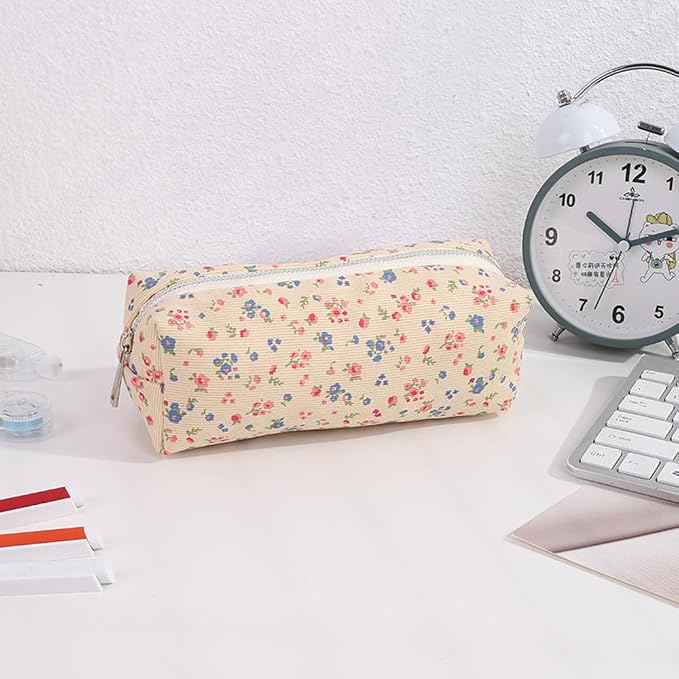 Corduroy Pencil Case for Girls Kids Large Capacity Aesthetic Pen Pouch Makeup Bag Cosmetic Organizer Cute Stationery Storage Bag for School Office Travel Minimalist Pencil Box (Floral-E)