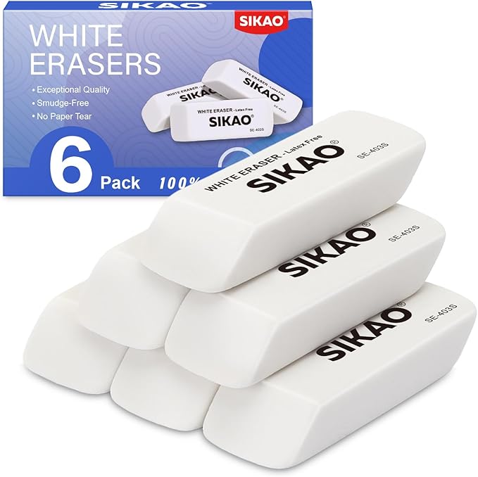 White Erasers, 6 Pack Pencil Erasers for Kids – Latex-Free & Smudge-Free Beveled Rubber Erasers for School Supplies, Classroom, Tests & Homework