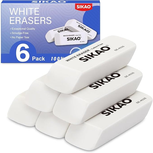 White Erasers, 6 Pack Pencil Erasers for Kids – Latex-Free & Smudge-Free Beveled Rubber Erasers for School Supplies, Classroom, Tests & Homework