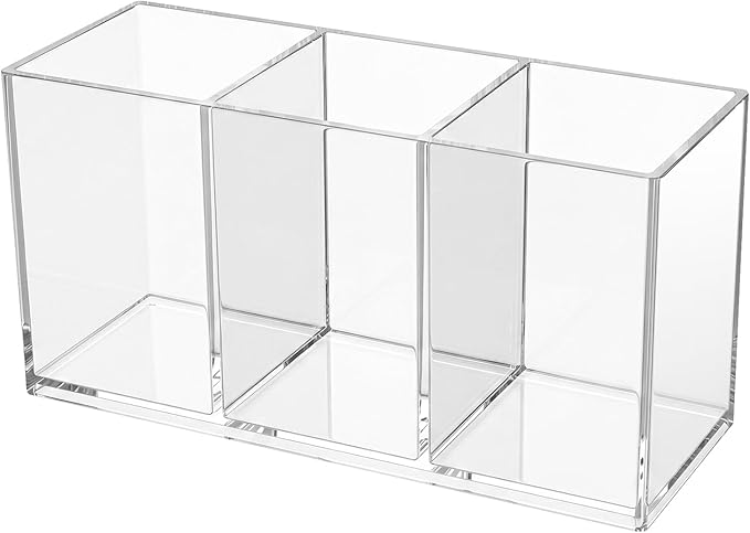 Acrylic Pen Holder, Clear Makeup Brush Holder for Vanity, 3-Compartment Desk Organizer for Office and Bathroom, Pencil Cup Stationery Organizer