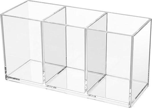 Acrylic Pen Holder, Clear Makeup Brush Holder for Vanity, 3-Compartment Desk Organizer for Office and Bathroom, Pencil Cup Stationery Organizer