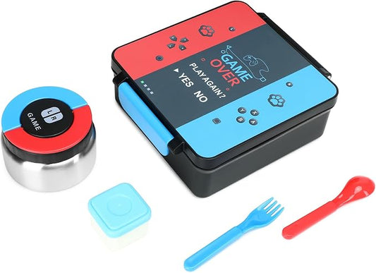 Gamer Bento Lunch Box for Kids, 60 OZ Kids Lunch Box with 8 OZ Leakproof Stainless Steel Insulated Food Jar, 3-4 Compartments Bento Box for School, Includes Sauce Cup & Divider (Red-Blue-PLAYAGAIN)