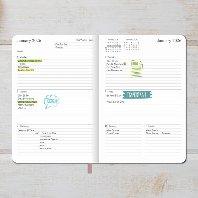 2026 Planner - Weekly and Monthly Planner, Jan 2026 - Dec 2026, Holidays, Contacts and Notes Pages, Vegan Leather Cover, Elastic Closure, 5.5”x8.25”, Rose Gold