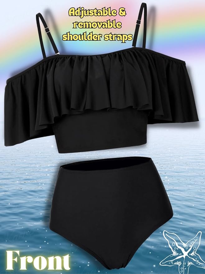 Kaei&Shi High Waisted Flounce Bikini Set,Tummy Control Swimsuits for Women,Off Shoulder