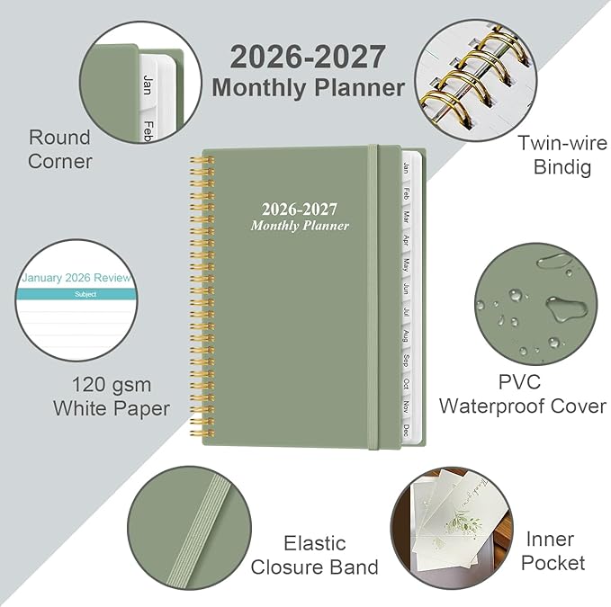 2026-2027 Monthly Planner - January 2026 - June 2027, Two Pages Per Month, 18 Monthly Calendar/Planner with Tabs, Inner Pocket, 6.4" x 8.5", Cyan