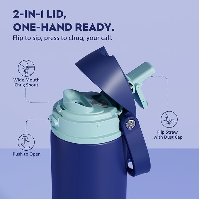 POWCAN 24 oz Insulated Stainless Steel Water Bottle: 2-in-1 Push-Button Spout & Quick-Flip Straw, Leakproof, Cold 24 Hrs, Fits Car Cup Holder, Sports Bottle for Travel, Gym, School Gift (Wit & Wings)