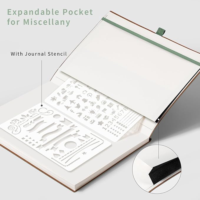 AHGXG Dotted Journal - Dot Grid Notebook Journal, 120 GSM Thick Acid-Free Paper, Large B5 Dotted Notebook 96 Pages, Leather Softcover, Inner Pocket, Journal Stencil, 7.6'' X 10'', Sage Green