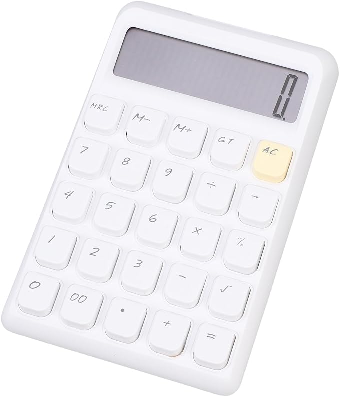 Asixxsix Desktop Calculator, Solar Powered 12 Digit Calculator Basic Functions Portable Design Large Clear Display with Responsive Mechanical Buttons for Office Home School (White)