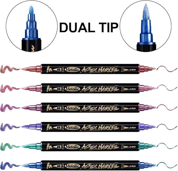 TRANSON 12Colors Metallic Paint Markers Brush and Fine Dual-tip for Rock Wood Ceramic Canvas DIY Painting Drawing