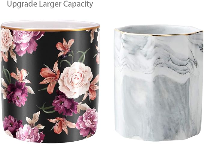 Pen Holder for Desk, Pencil Cup Holder, Cute Floral Makeup Brush Holder Durable Ceramic Flower Design Desk Pencil Organizer for Office, Classroom, Black
