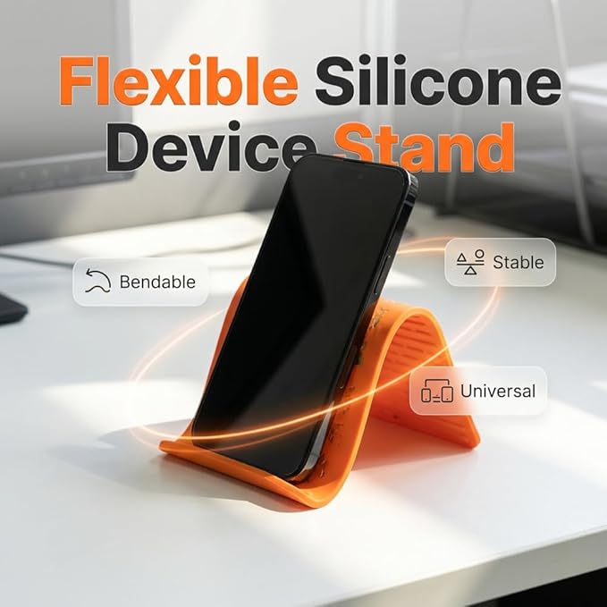 Silicone Phone Stand with Aluminum, Foldable Multi-Angle Adjustable Holder, Anti-Slip Desktop Stand for Phone Tablet Laptop, Portable Roll-Up Stand for Travel & Office (Orange#2)