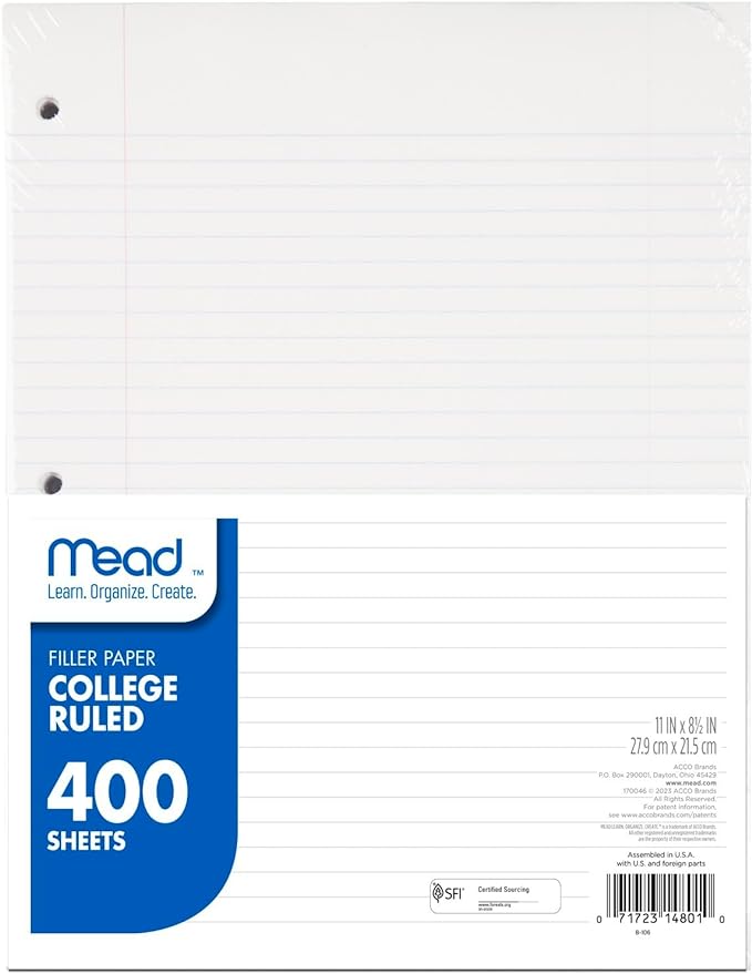 Mead Loose Leaf Paper, College Ruled Filler Notebook Paper, 8-1/2" x 11", 400 Sheets, Fits 3-Ring Binder (170046-ECM)