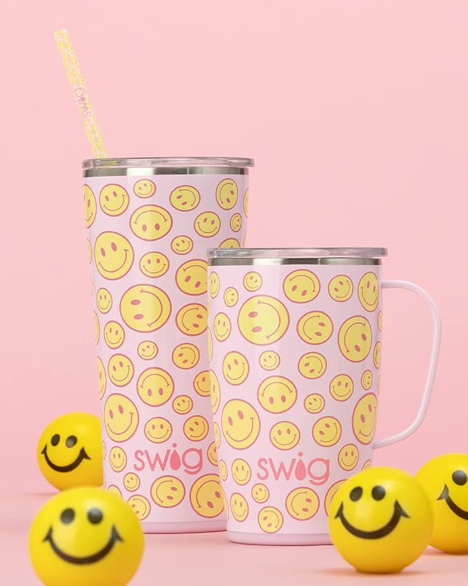Swig Life 22oz Insulated Tumbler, Travel Coffee Tumbler with Lid, Cup Holder Friendly Travel Coffee Mug, Stainless Steel (Oh Happy Day)