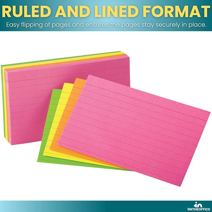 1InTheOffice Colored Index Cards 3x5, Ruled Neon Index Cards, Assorted, 600 Pack
