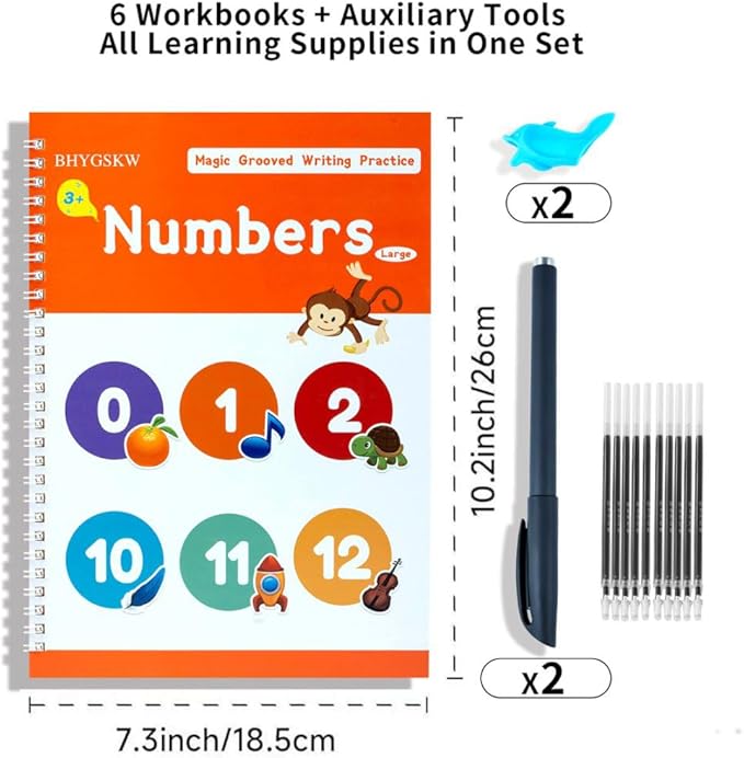Magic Grooved Writing Practice Books for Kids with Disappearing Ink Pens Grips, Reusable Handwriting Workbooks 6 Pcs, Letter Tracing Copybook for Kindergarten Ages 3-8