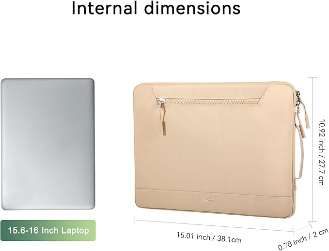 LANDICI 360°Protective Laptop Sleeve Case 15.6 16 Inch with Handle, Waterproof Slim Computer Cover Bag Compatible with MacBook Pro 16, Lenovo Yoga 7i 16, Asus vivobook 15, HP Acer Dell, Apricot