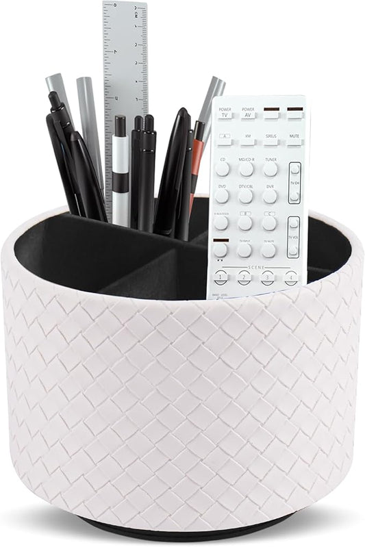 Round Leather Art Supply Organizer,Remote Control Holder,360 Degree Spinning,Multi-Functional Pencil Holder,4 Compartments Desktop Stationary Organizer(1-Weave White)