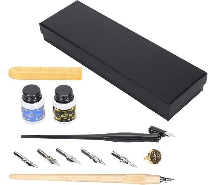 Wood Handle Calligraphy Pen Set, Fountain Dip Pen with 5 Nibs, Ink Writing Tool Kit for Beginners, Includes Wax Seals Stamp and Empty Ink Bottles for Artistic Painting and Letterin (Three-Ear