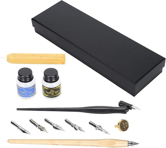 Wood Handle Calligraphy Pen Set, Fountain Dip Pen with 5 Nibs, Ink Writing Tool Kit for Beginners, Includes Wax Seals Stamp and Empty Ink Bottles for Artistic Painting and Letterin (Three-Ear