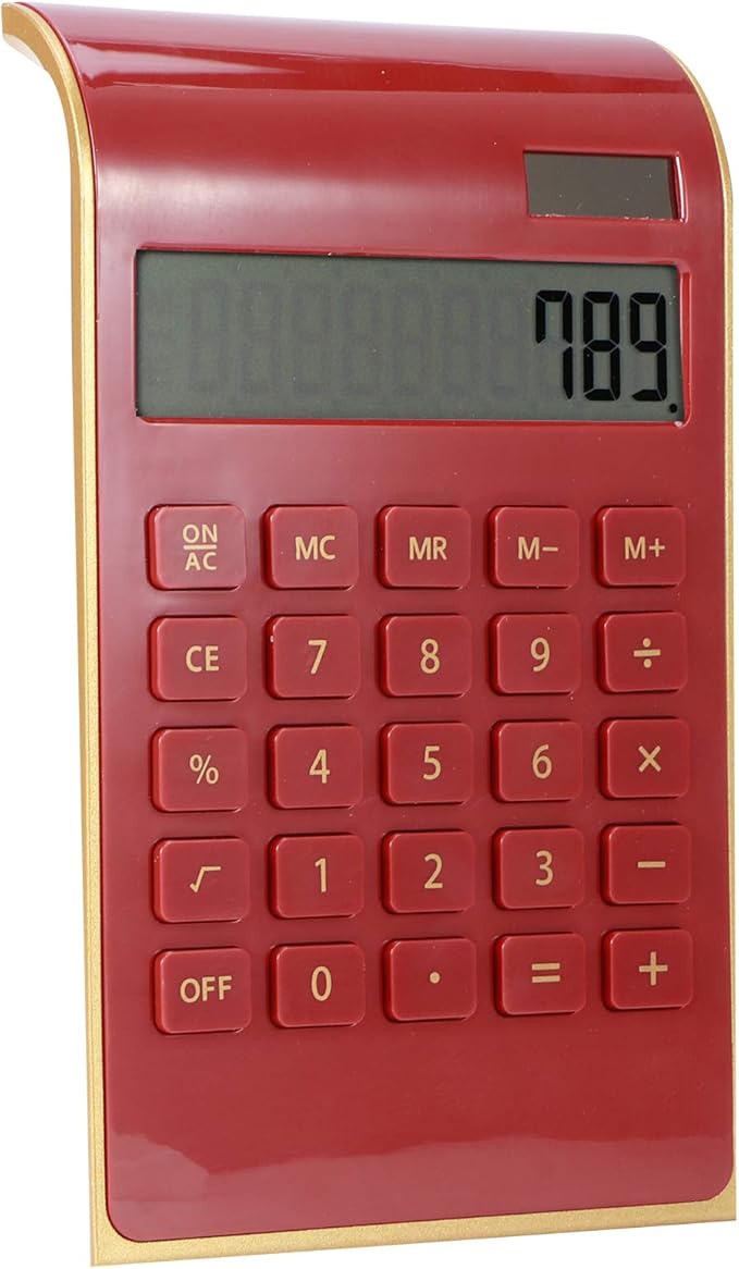 Portable 10 Digits Calculator Tilted LCD Display Ultra Thin Solar Power Calculator for Home Office Business(Red)