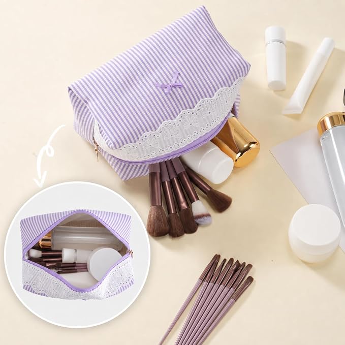 Makeup Bag Travel Toiletry Bag for Women, Small Cosmetic Bags with Lace Trim Cute Purple Stripe Aesthetic Organizer Makeup Pouch for Purse Emergency Bag Pencil Case Accessory Bag