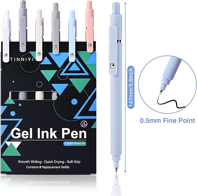 Gel Pens, 6 Pack 0.5mm Fine Point Pen Black Ink with 6 Refills, Quick Dry & No Smear, Smooth Writing Pens for Journaling, Back to School Supplies Office Desk Accessories Gifts for Nurse Women