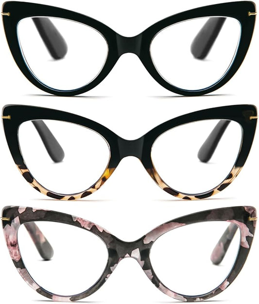 DXYXYO Cat Eye 2.25 Reading Glasses for Women, Oversized Blue Light Blocking Computer Readers 3 Pack