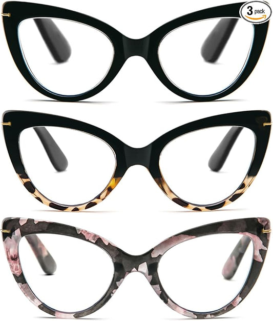 DXYXYO 3 Pack Retro Computer Glasses for Women Oversized Cat Eye Blue Light Blocking Readers Non Prescription Vintage Fashion Eyeglasses