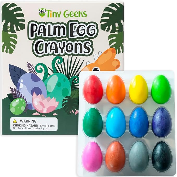 TinyGeeks 12 Color Egg Crayons - Palm Grasp Non-Toxic and Washable for Toddlers (3-6) & Kids (4-8) - Easy-to-Hold, Perfect for Travel, Art, and Early Childhood Activities