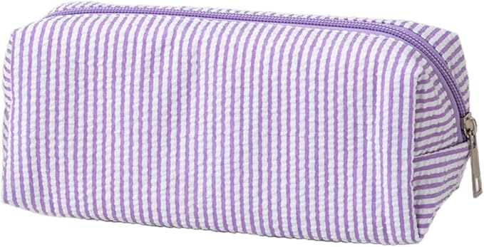 Cute Pencil Case, Seersucker Pencil Bag Desktop Stationery Finishing Large Capacity Embroidery Striped Travel Storage Bag, Multifunctional Cosmetic Pouch(Purple)