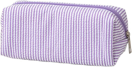 Cute Pencil Case, Seersucker Pencil Bag Desktop Stationery Finishing Large Capacity Embroidery Striped Travel Storage Bag, Multifunctional Cosmetic Pouch(Purple)