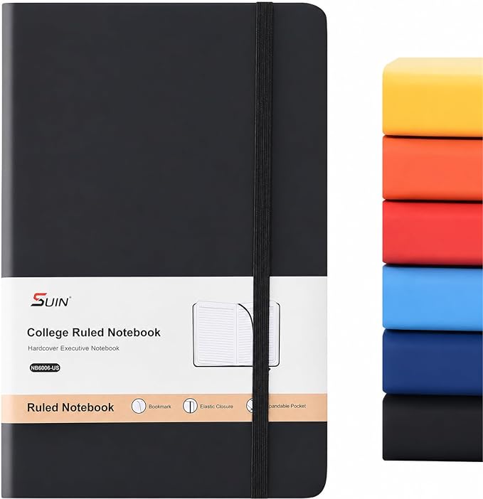 SUIN A5 Hardcover Lined Journal Notebook, 200 Pages, Black, 1 Pack