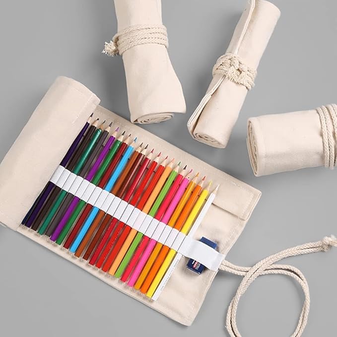DIYOMR 12/24/36/72 Slots Pencil Wrap Pencil Rolls, Artist Colored Pencil Roll Up Bag Short Brush Pouch Case Pencils Organizer for Drawing Coloring and Sketching, No Pencils (White, 12slots)