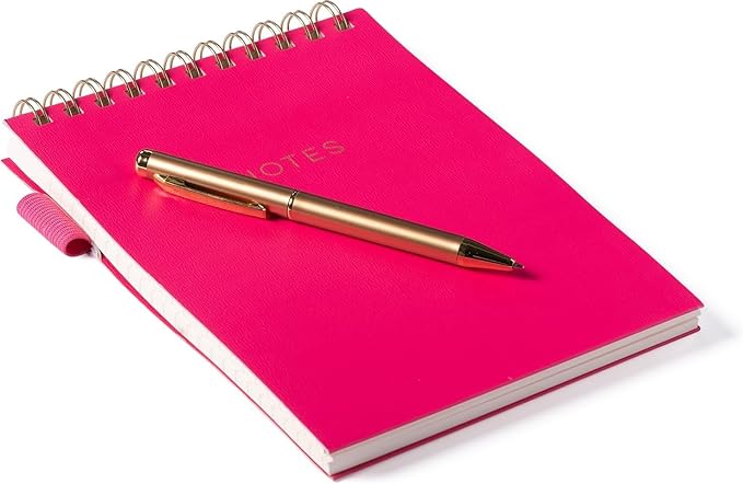 Eccolo Lined Top Spiral Notebook, Flexi-Cover Steno Pad with Pen Included and Pen Loop (240 Perforated Pages), "Notes" A5 Notepad Ideal for Note Taking in School, College or Work (Pink, 6x8.5 Inches)
