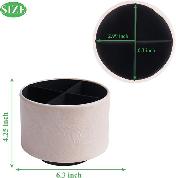 Round Leather Art Supply Organizer,Remote Control Holder,360 Degree Spinning,Multi-Functional Pencil Holder,4 Compartments Desktop Stationary Organizer(1-Crazy White)