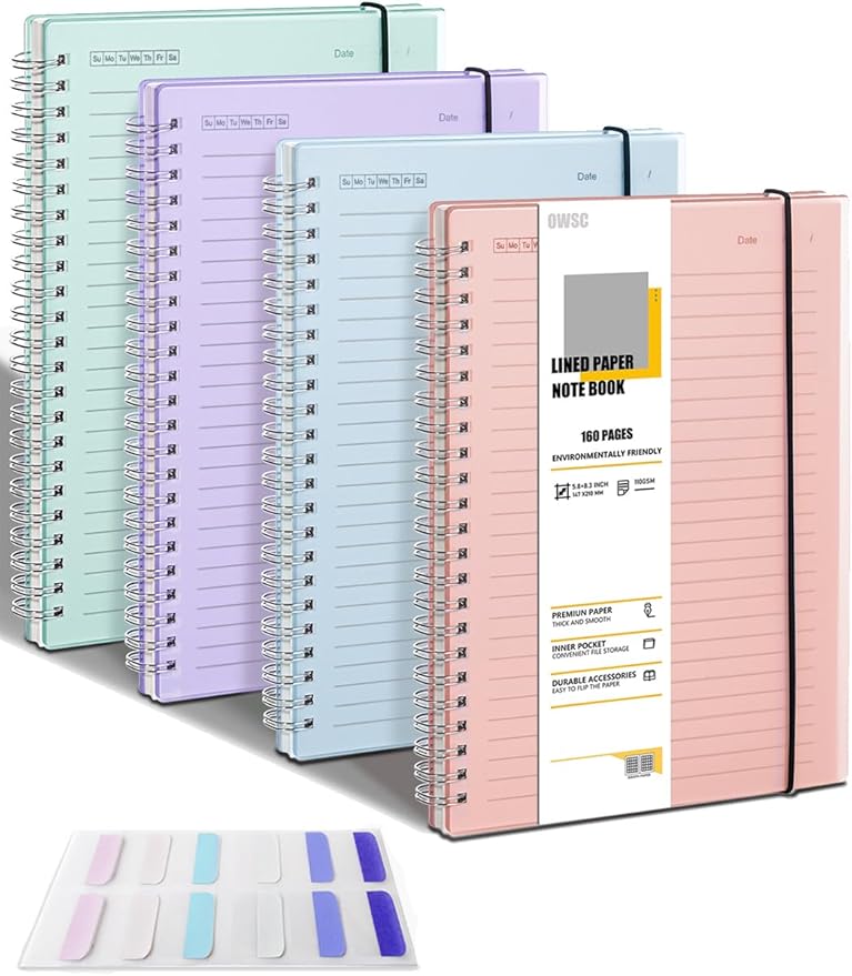 OWSC 4 Pack Lined Spiral Notebook, 5.9 x 8.3 Inches Notebooks for Work, School and Journal with 110 GSM Thick Paper, Small Notebook with 80 Sheets/160 Pages, Notebooks College Ruled for Note Taking