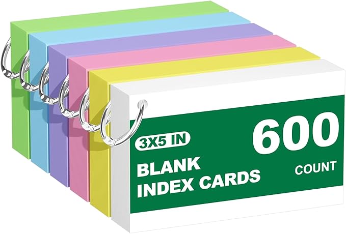 Blank Index Cards with Ring, 600PCS Blank Notecards 3 x 5 Flashcards for Studying，Unruled Flash Note Cards 3 x 5'' Unlined Index Cards Bulk for College Nursing School Supplies,12 Pack of 100, Colored