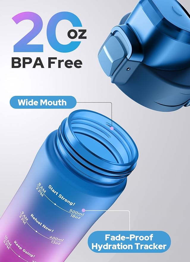 Opard Zip 20oz Plastic Water Bottle Dishwasher Safe, Leakproof Flip-Top Lid, BPA Free Tritan, Wide Mouth Reusable Kids Water Bottle for School Hiking Commuting Outdoor Travel and Gym