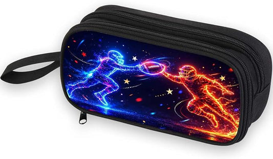 Firmiso Kids Pencil Case, Neon Football Clash Graphic, Large Capacity Double Zipper Pencil Pouch with Compartments, Durable Polyester School Supplies Organizer, Pen Case for Boys Girls Teens