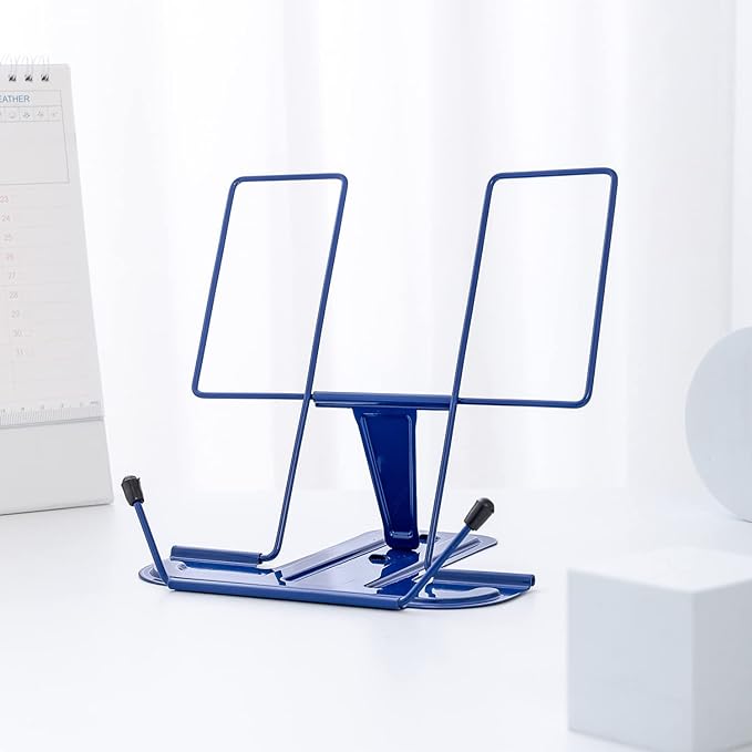 MSDADA Metal Book Stand for Desk, Adjustable Reading Rest Book Holder, Portable Cookbook Documents Holder, Sturdy Typing Stand for Recipes Textbooks Tablet Music Books with Page Clips (Blue)
