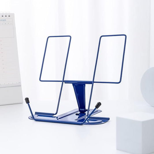 MSDADA Metal Book Stand for Desk, Adjustable Reading Rest Book Holder, Portable Cookbook Documents Holder, Sturdy Typing Stand for Recipes Textbooks Tablet Music Books with Page Clips (Blue)