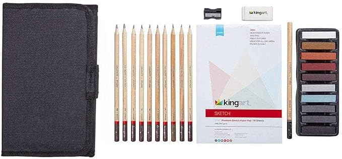 KINGART DRAWING & SKETCHING 25 pc. TRAVEL SET, Graphite, and Charcoal Pencils & Pastels plus Supplies, Art Drawing Kit for Adults, Teens, Beginner to Pro, Ideal for Shading, Blending, 25 pc.