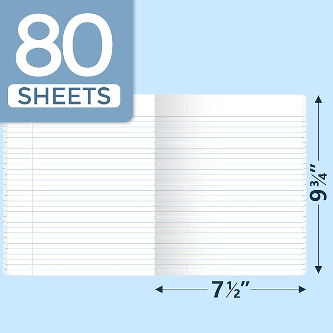 SUNEE Composition Notebook, Wide Ruled Paper, Home School Supplies for College Students & K-12, 9-3/4" x 7-1/2", 80 Sheets/160 Pages, Blue