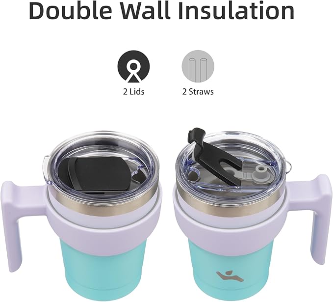 Konokyo 10 oz Tumbler with Handle and 2 Straw 2 Lid, Insulated Water Bottle Stainless Steel Vacuum Cup Reusable Travel Mug, Lavender Green