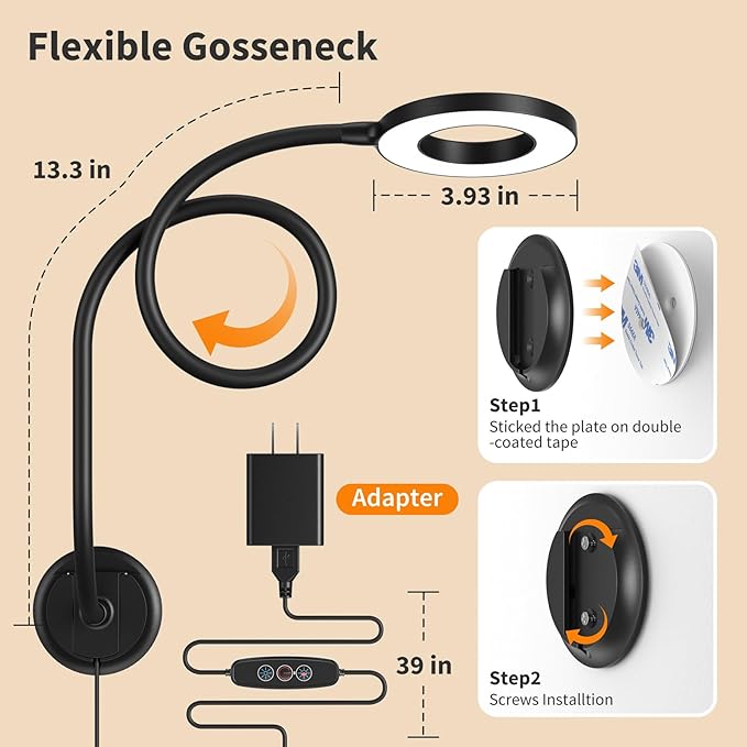 Reading Light Wall Mounted for Book in Bed at Night,Reading Lamp for Bedroom,Bedside,Headboard,Eye Care 5 Color & Brightness Adjustable, 360 Flexible Gooseneck, 2Units